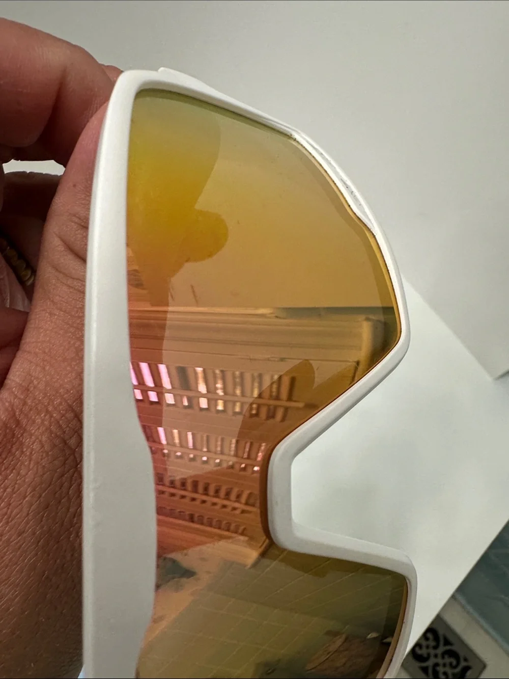 Men's White Sports Wrap Sunglasses with Red-Orange Mirrored Lens